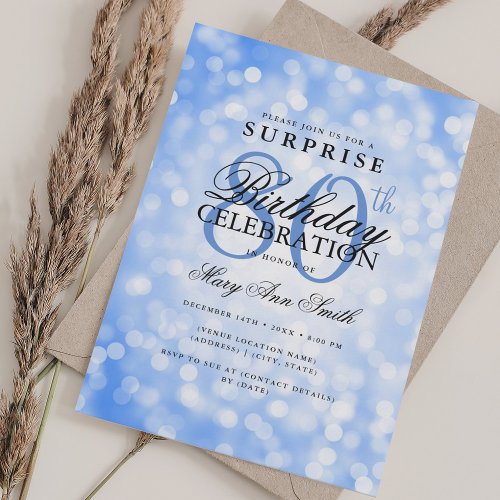 Elegant SURPRISE 80th Birthday Navy Blue Lights Invitation