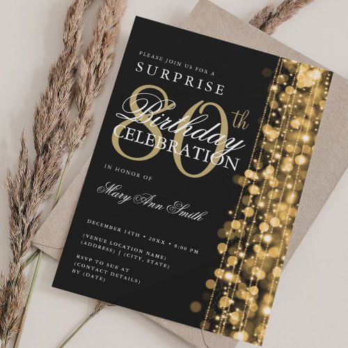 Elegant Surprise 80th Birthday Sparkles Gold Invitation