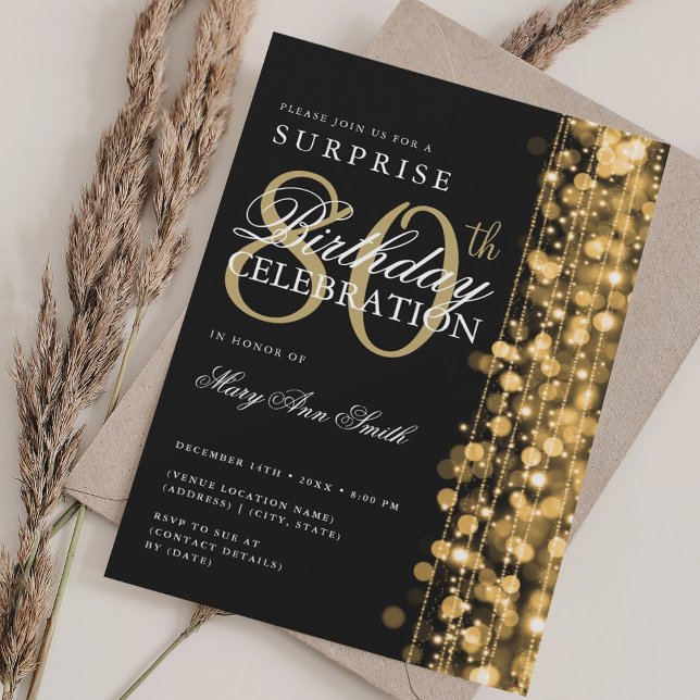 Elegant Surprise 80th Birthday Sparkles Gold Invitation (Elegant Surprise 80th Birthday Sparkles Gold Invitation)