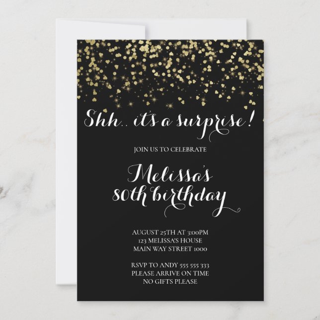 Elegant Surprise Birthday Party Glitter Confetti Invitation (Front)
