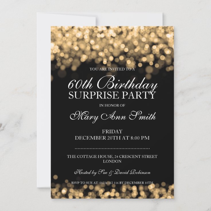 Elegant Surprise Birthday Party Gold Lights Invitation | Zazzle