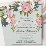 Elegant SURPRISE Handpainted 50th Birthday Party  Invitation<br><div class="desc">Start this special Surprise 50th birthday celebration in a elegant style with this beautifully hand painted invitation with colorful yet gentle flowers -- leading with blush pink and greenery, yet adding interesting other touches of color. All of the text can be personalized for your party including the guest of honor's...</div>