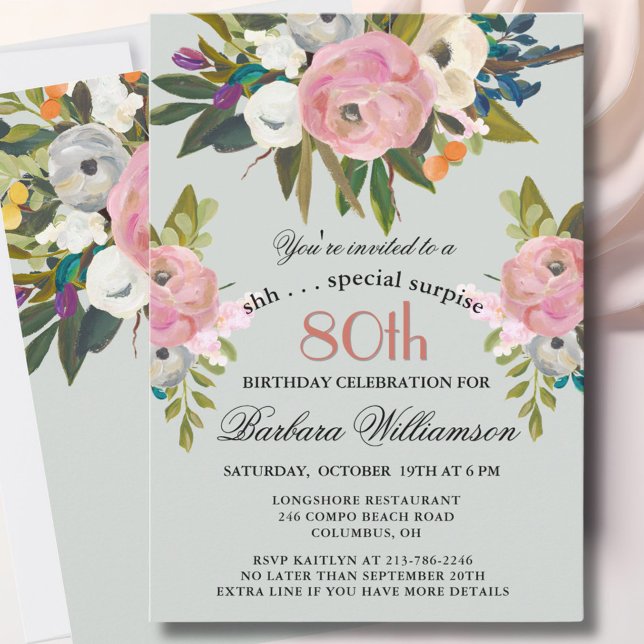 Elegant SURPRISE Handpainted 80th Birthday Party  Invitation (Creator Uploaded)