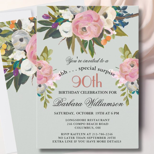 Elegant SURPRISE Handpainted 90th Birthday Party  Invitation (Creator Uploaded)