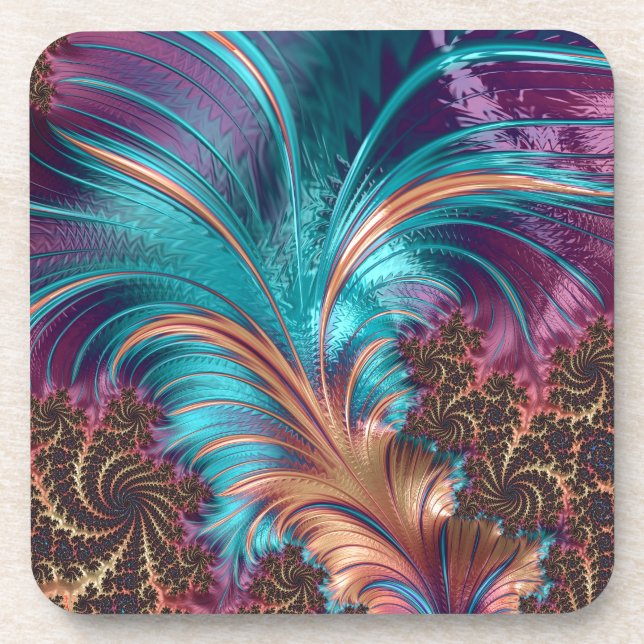 Elegant Surreal Feather Fractal Teal & Purple Beverage Coaster (Front)