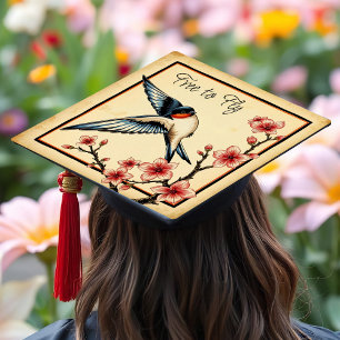 Elegant Swallow in Flight Cherry Blossoms Symbolic Graduation Cap Topper