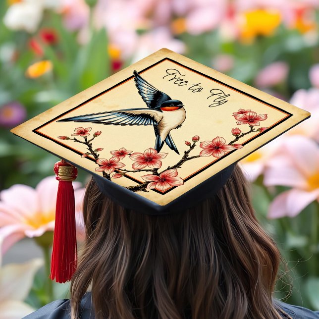 Elegant Swallow in Flight Cherry Blossoms Symbolic Graduation Cap Topper (Graduation cap topper with a swallow bird in flight and delicate cherry blossoms in Japanese style)