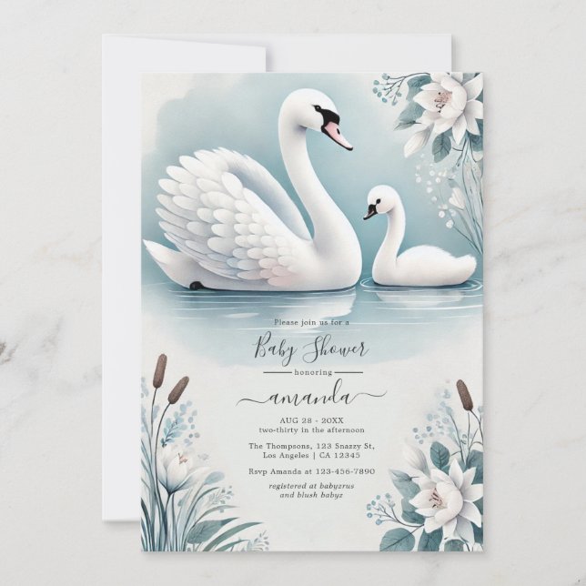 Elegant Swan and Cygnet Baby Shower Invitation (Front)