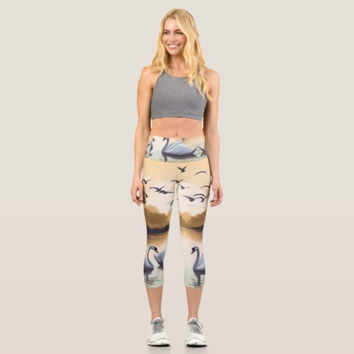 Elegant Swan Artwork Capri Leggings