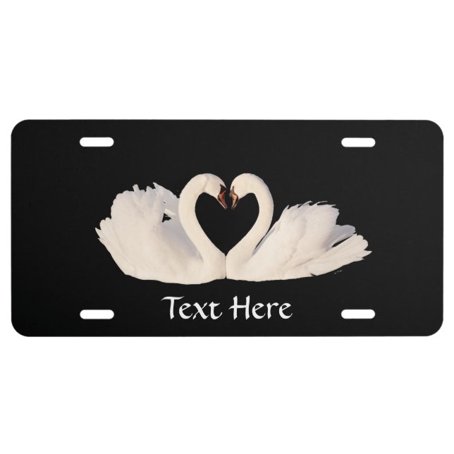 Elegant Swan Couple & Editable Text on Black License Plate (Front)