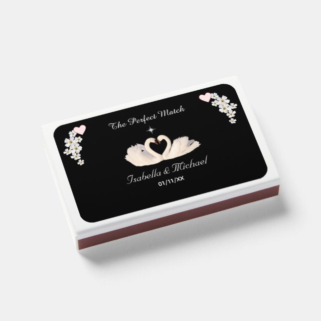 Elegant Swan Couple & Flowers Wedding  Matchboxes (Front Closed)