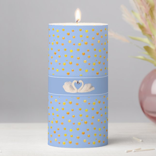 Elegant Swan Couple & Gold Confetti on Light Blue Pillar Candle (In Situ)