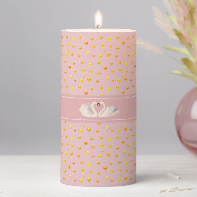 Elegant Swan Couple & Gold Confetti on Light Pink Pillar Candle (In Situ)