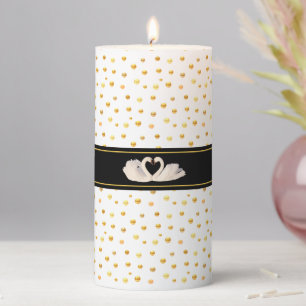 Elegant Swan Couple & Gold Confetti on White Pillar Candle