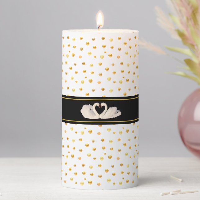 Elegant Swan Couple & Gold Confetti on White Pillar Candle (In Situ)