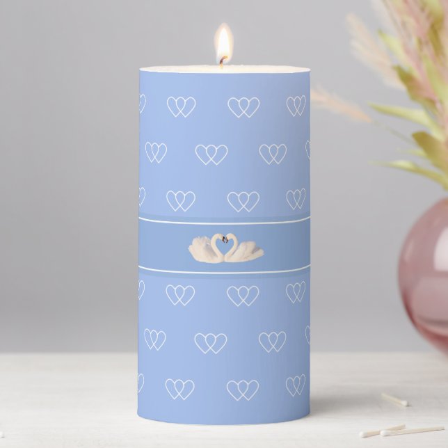 Elegant Swan Couple & Hearts on Light Blue Pillar Candle (In Situ)