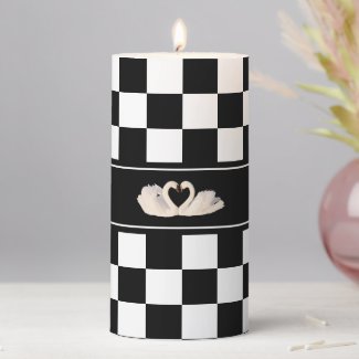 Elegant Swan Couple on Black & White Pillar Candle