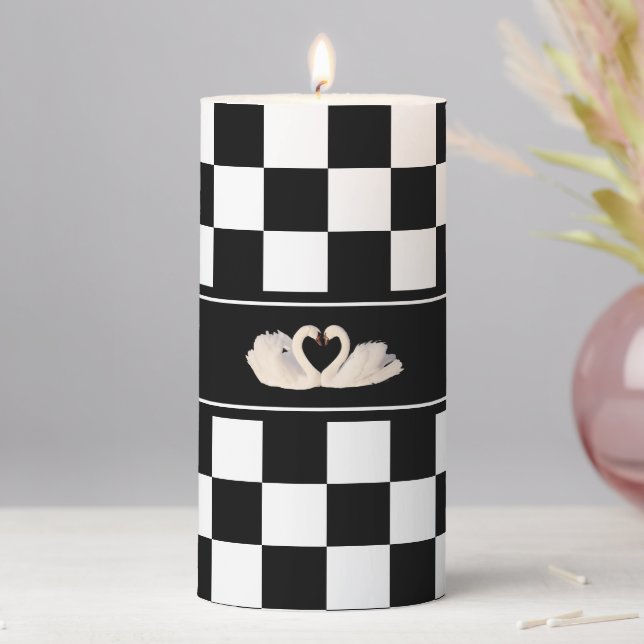 Elegant Swan Couple on Black & White Pillar Candle (In Situ)
