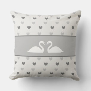 Elegant Swan Couple & Silver Gray Heart Pattern Throw Pillow