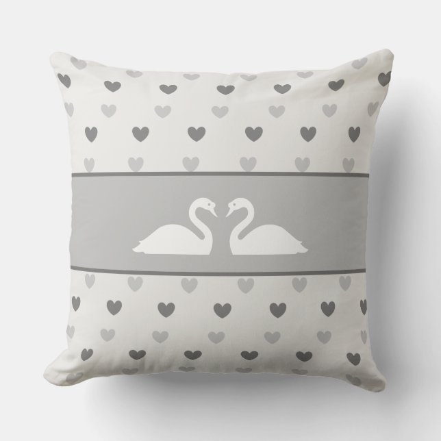Elegant Swan Couple & Silver Gray Heart Pattern Throw Pillow (Front)