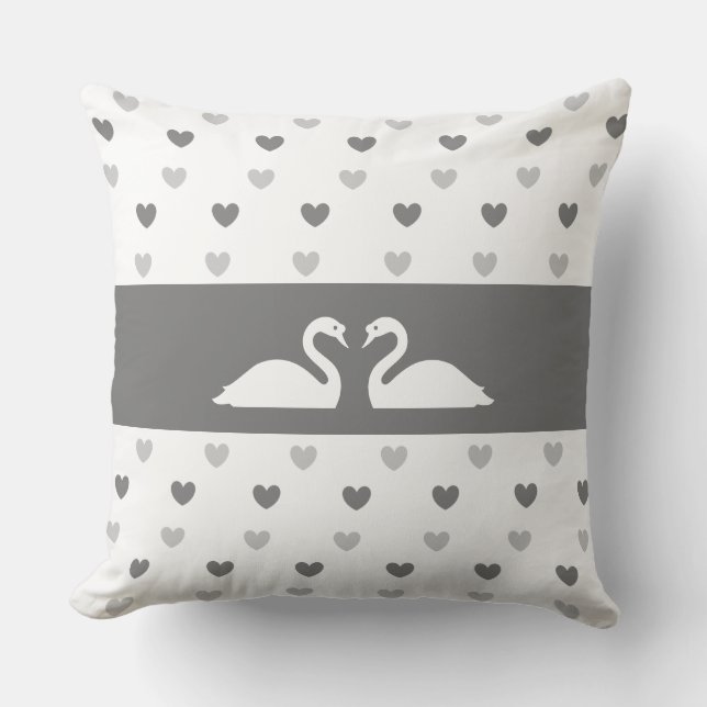 Elegant Swan Couple & Silver Heart Pattern Throw Pillow (Front)