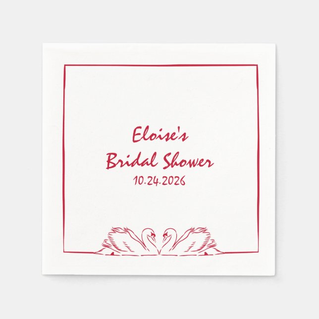 Elegant Swan Crimson Red Hand Drawn Bridal Shower  Napkins (Front)