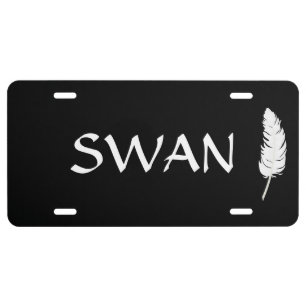 Elegant Swan Editable Text & Feather on Black License Plate