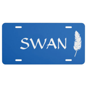 Elegant Swan Editable Text & Feather on Lake Blue License Plate