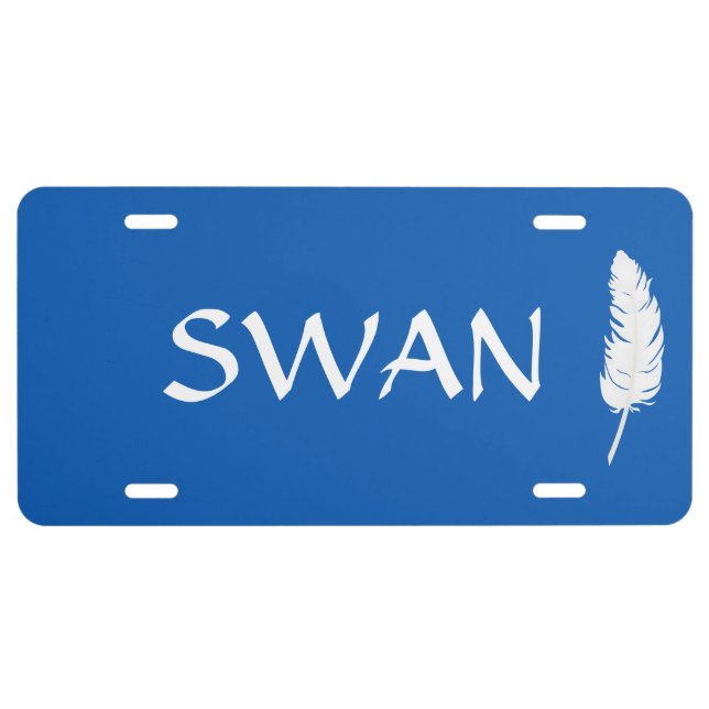 Elegant Swan Editable Text & Feather on Lake Blue License Plate (Front)