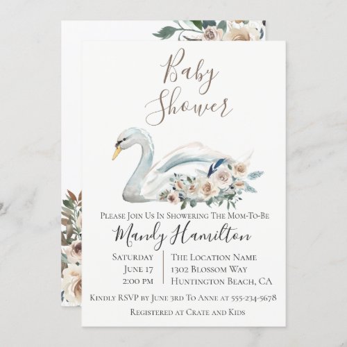 Elegant Swan Floral Baby Shower Invitation