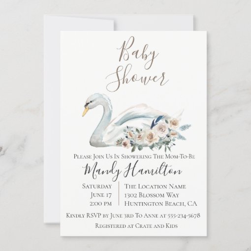 Elegant Swan Floral Baby Shower Invitation | Zazzle