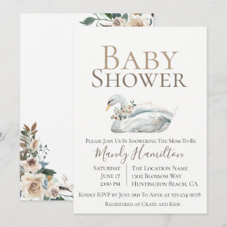 Elegant Swan Floral Neutral Baby Shower Invitation