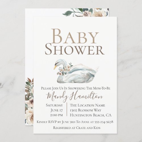 Elegant Swan Floral Neutral Baby Shower Invitation