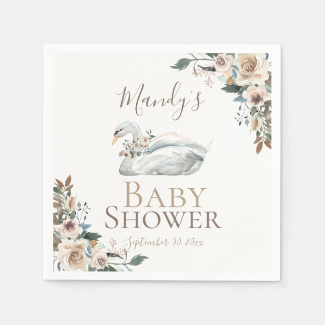 Elegant Swan Floral Neutral Baby Shower Napkins (Front)