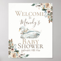 Elegant Swan Floral Neutral Baby Shower Welcome Poster