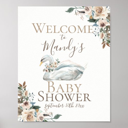 Elegant Swan Floral Neutral Baby Shower Welcome Poster