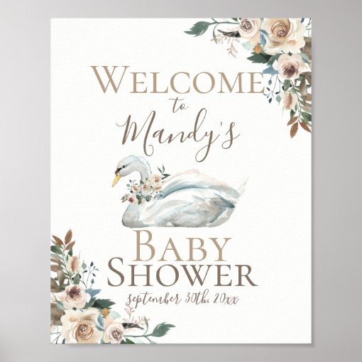 Elegant Swan Floral Neutral Baby Shower Welcome Poster | Zazzle