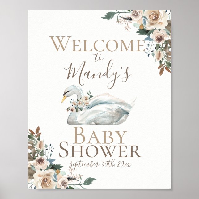 Elegant Swan Floral Neutral Baby Shower Welcome Poster (Front)