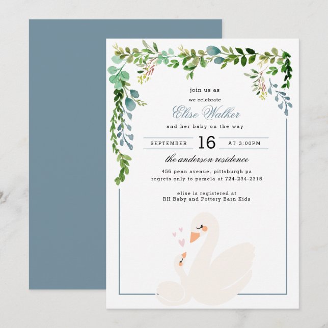 Elegant Swan Greenery Baby Shower Invitation (Front/Back)
