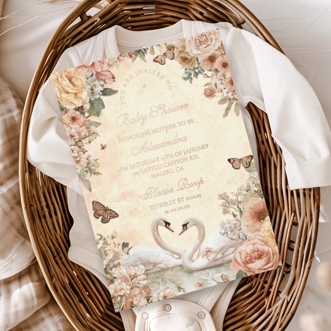 Elegant Swan Lake Floral Baby Shower Foil Invitation (Creator Uploaded)