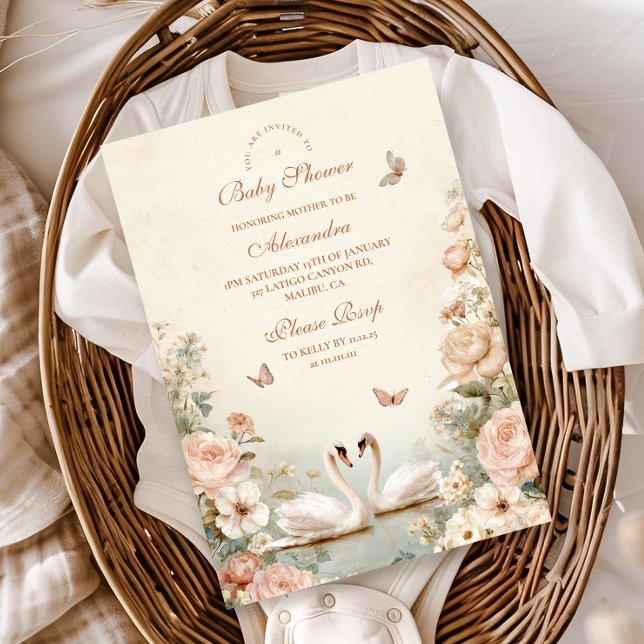 Elegant Swan Lake Floral Baby Shower Foil Invitation (Creator Uploaded)