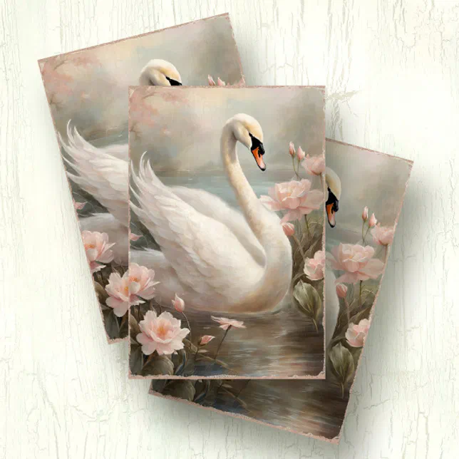 Pink Swan Rice Paper Elegant Swan Lake Floral w Pink Water Lily Tissue Paper | Zazzle