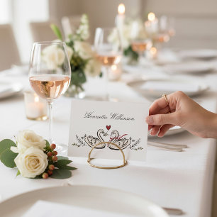 Elegant Swan Love Red Heart Script Name Place card