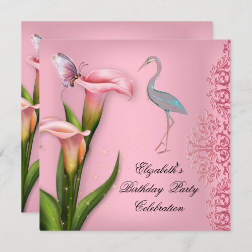 Elegant Swan Pink Calla Lily Floral Birthday Party Invitation