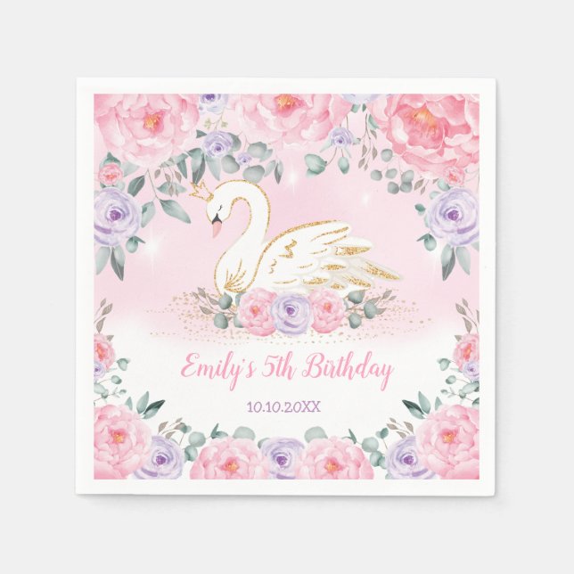 Elegant Swan Princess | Pink Purple Floral Party Napkins (Front)