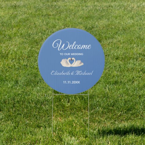 Elegant Swan Welcome to Our Wedding on Blue Sign