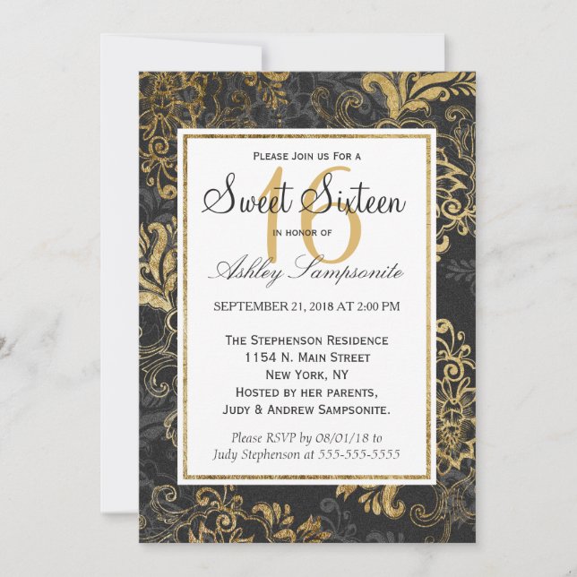 Elegant Swanky Faux Gold, Black, & Gray Floral Invitation (Front)