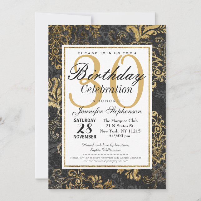 Elegant Swanky Faux Gold, Black, & Gray Floral Invitation (Front)