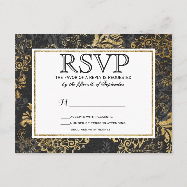 Elegant Swanky Faux Gold, Black, & Gray Floral Invitation Postcard (Front)