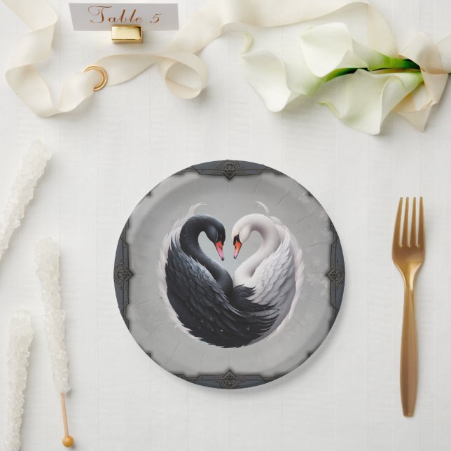 Elegant swans forning a heart together.  paper plates (Wedding)